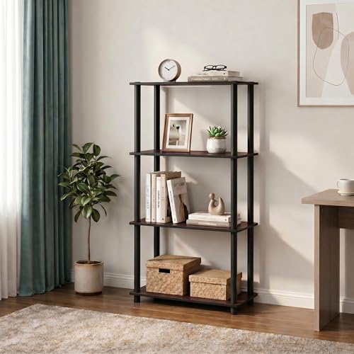 Furinno Turn-N-Tube Storage Shelves, 4-Tier Book Shelf, Corner Shelf, Toolless Open Shelves, for Organization and Storage, Living Room, Bedroom, Entryway, Laundry, Cherry Oak - color: Cherry Oak/Black, size: 4-Tier