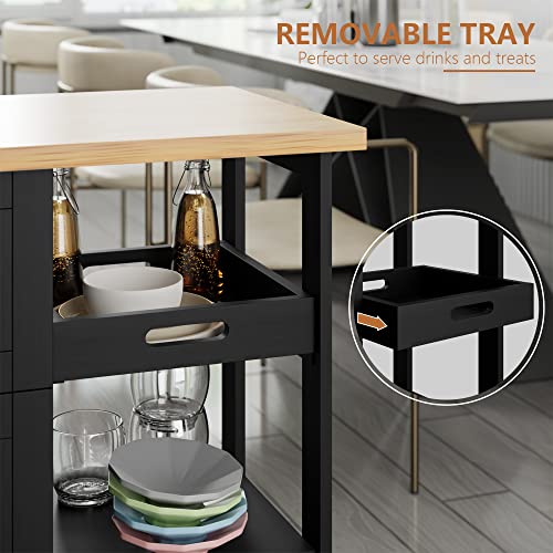 SUNLEI Kitchen Island with Storage Cart Rolling Coffee Small Butcher Block Table Microwave with 3 Drawers on Wheels Station Portable Mobile Narrow Moveable Utility Counter Wood Top Spaces Bar Food - size: 26.6 INCH, style: Black