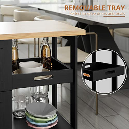 SUNLEI Kitchen Island with Storage Cart Rolling Coffee Small Butcher Block Table Microwave with 3 Drawers on Wheels Station Portable Mobile Narrow Moveable Utility Counter Wood Top Spaces Bar Food - size: 26.6 INCH, style: Black