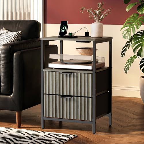 VINGLI Night Stand Set 2 with Charging Station and Fabric Drawers, Fluted Grey Night Stand Set of 2, Gray Nightstand with Drawers, Grey Bedside Tables/End Tables for Bedroom, 14.96"W*11.81"D*23.78"H - color: Grey, size: 15"W-2 Drawer 1 Shelf