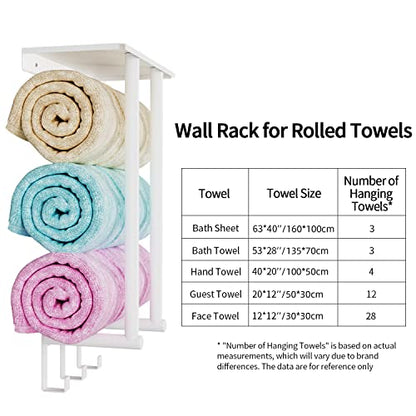 Towel Rack with Shelf and 3 Hooks, Bethom Towel Holders for Bathroom Wall Mounted, Metal White Towel Racks can Hold 3 Large Bath Sheets Blanket - color: White, size: Round Tube