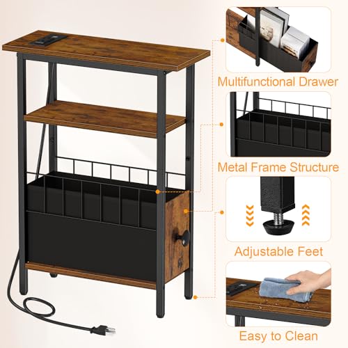 Snughome Narrow Side Table with Charging Station, Slim End Table for Small Spaces, 3 Tier Skinny Nightstand with Drawer, Sofa Beside Table with Storage Shelf for Living Room Bedroom - color: Rustic Brown