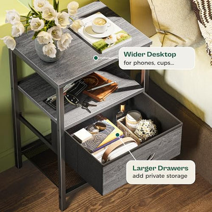 Huuger Nightstand Set of 2, Night Stand with Fabric Drawer, Mesh Shelf, Side Table with Storage, Fabric Drawer Dresser, Open Shelf, Metal Frame, Bedroom, Grey - color: Grey