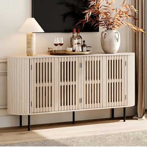 WAMPAT 64.4" Fluted TV Stand, Wood Entertainment Center for TVs Up to 70 inches, Curved Edge Media Console Table with Doors and Shelves for Living Room, Bedroom, Natural - color: Natural