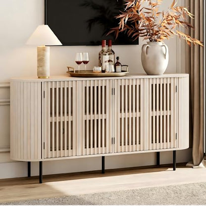 WAMPAT 64.4" Fluted TV Stand, Wood Entertainment Center for TVs Up to 70 inches, Curved Edge Media Console Table with Doors and Shelves for Living Room, Bedroom, Natural - color: Natural