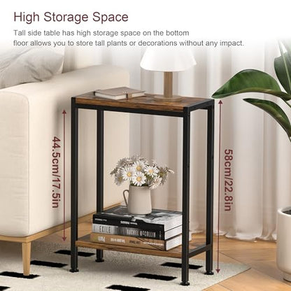 Narrow Side Table for Small Space, 2-Tier Slim End Table, Thin Nightstand, Skinny Snack Couch Table, Sofa Bedside Table in Living Room, Bedroom, Study, Kitchen and Balcony (Rustic Brown) - color: Rustic Brown, size: 2-Tier (7.9''D*17''W*22.8''H)