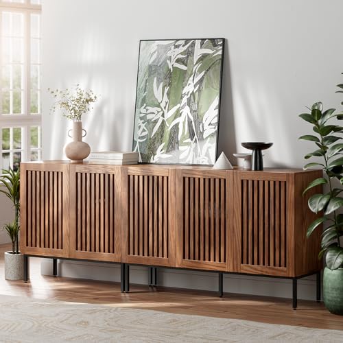 BVIUNTWO 79" Farmhouse Buffet Cabinet with Metal Base, Adjustable Shelves & 5 Doors, Brown Storage Sideboard for Kitchen, Living Room - color: Brown, size: 79 Inch