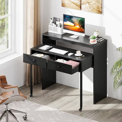 Giantex Small Computer Desk with Hutch & Drawers, Extendable Writing Desk w/Pull Out Secondary Table, Monitor Stand & Rolling Wheels, Console Table, Compact Desk for Small Spaces, Home Office (Black) - color: Black