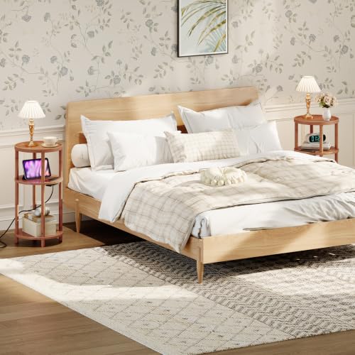 HOOBRO Set of 2 Small Round Side Tables with Charging Station, 3-Tier Round Bamboo End Tables, Easy Assembly, for Living Room, Bedroom, Apartment, Walnut WL152UBZP201 - color: Walnut
