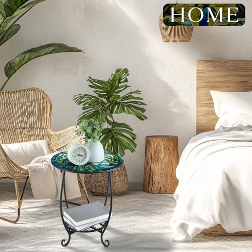 Cinnvoice Outdoor Side Table Round Small Mosaic Patio Accent Indoor End Plant Coffee Tea Table for Yard Patio Porch Garden Living Room, Bedroom(Peacock Style,16 Inch) - size: 16 Inch, style: Peacock Style