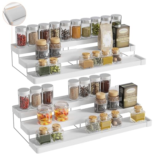 2 Pack Expandable Spice Rack Organizer for Cabinet - 3 Tier Adjustable Cabinet Spice Organizer Easy Visibility - Spice Organizer for Cabinet Countertop Cupboard Pantry Organization (White) - color: White, size: 2 Pack