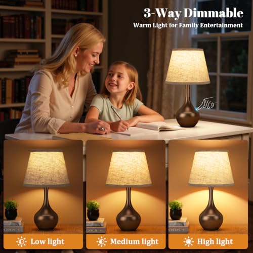 Seealle Touch Table Lamp for Bedroom, 3-Way Dimmable Small Bedside Lamps for Night Stands with Wires, Brown Desk Lamp for Kids Room, Office, Living Room, End Table(LED Bulb Included) - color: J. Beige Shade & Brown Base