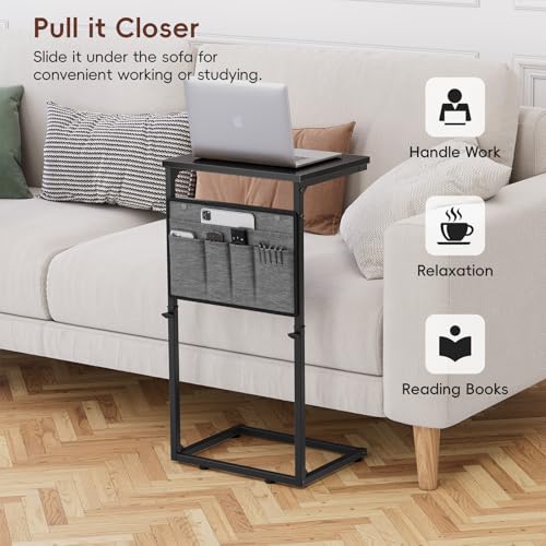 Vagusicc C Shaped End Table, 33'' Tall Side Table for Couch, Adjustable Height Small Couch Side Table for Small Spaces, Couch Table Slide Under Sofa Table TV Tray Table for Living Room Bedroom, Black - color: Black