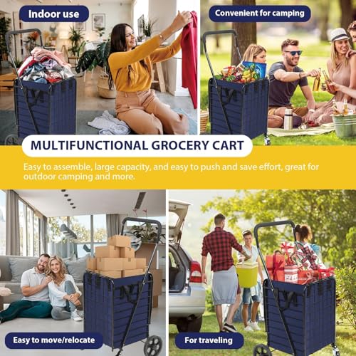 Kiffler Foldable Shopping Cart with Waterproof Basket Liner & 360° Swivel Wheels | Collapsible, Lightweight | Perfect for Groceries, Laundry, Max 100 LBS Utility Cart for Seniors, Apartments - size: Medium+Blue Bag
