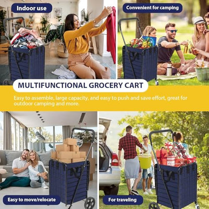 Kiffler Foldable Shopping Cart with Waterproof Basket Liner & 360° Swivel Wheels | Collapsible, Lightweight | Perfect for Groceries, Laundry, Max 100 LBS Utility Cart for Seniors, Apartments - size: Medium+Blue Bag