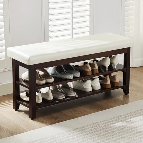 40" Shoe Bench with Leather Cushion, 2-Tier Shoe Rack Entryway Bench, Wood Bench for Front Door Entrance, Mudroom, Hallway, Wooden Shoe Shelves, Shoe Organizer, Shoe Storage, White - color: White