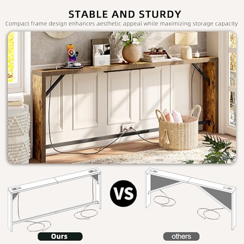 TIQLAB Sofa Table, 79 inch Long Console Table Behind Couch, Narrow Entryway Table with Angled Metal Frame, Industrial Console Table for Entryway, Rustic Brown - color: Rustic Brown, size: 79''L x 5.9''W x 31.5''H