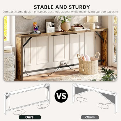 TIQLAB Sofa Table, 79 inch Long Console Table Behind Couch, Narrow Entryway Table with Angled Metal Frame, Industrial Console Table for Entryway, Rustic Brown - color: Rustic Brown, size: 79''L x 5.9''W x 31.5''H