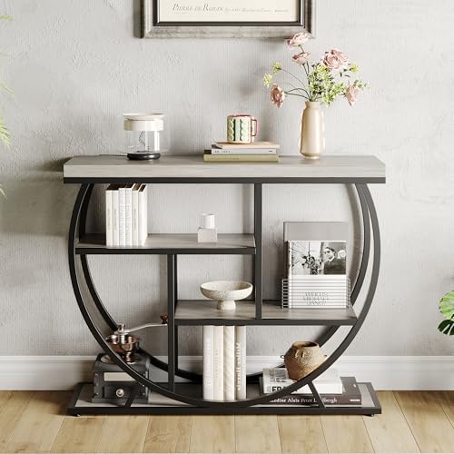 Garvee Entryway Table with Storage, Industrial 4-Tier Narrow Console Table Behind Couch with Half-Circle Base & Storage Shelves for Living Room, Hallway, Foyer - color: Grey