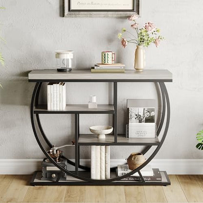 Garvee Entryway Table with Storage, Industrial 4-Tier Narrow Console Table Behind Couch with Half-Circle Base & Storage Shelves for Living Room, Hallway, Foyer - color: Grey