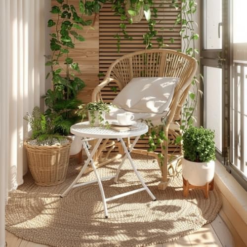 TeoKJ Folding Outdoor Side Tables, Anti Rust Small Patio Table Round Metal Nightstand with Flower Cutouts for Porch Yard Balcony Deck Lawn, White - color: White