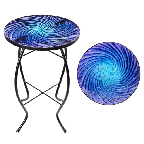 MUMTOP Outdoor End Tables for Patio, Deep Sea Round Side Table, Glass Accent Table for Outside, Garden, Balcony, Porch, Indoor Home Decor - color: Starry Sky