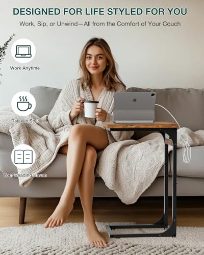 C-Shaped Side Table for Couch - Small Coffee Stand Sofa Tray Desk with Metal Frame Waterproof Scratch Resistant Wood Top and Built-in Charging Station, Rustic Brown - color: Rustic Brown, size: 1-Pack, style: Includes Power Outlets