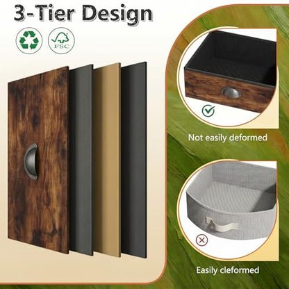 Night Stand Set 2, Tall Nightstand with 3 Fabric Drawers, Bedside Table with 2-Tier Wood Shelf, End Table for Bedroom, Steel Frame, Wood Top, Rustic Brown - color: Brown(3drawer), size: Set of 2