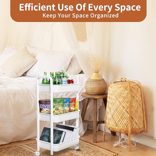 YSSOA Rolling Storage Cart, 3 Tier Slim Mobile Shelving Unit 360° Rotating Wheel Lockable Utility Cart, Ideal for Office, Kitchen, Bathroom, Laundry and Narrow Spaces, White - size: 3-Tier 11"Dx16"Wx30"H