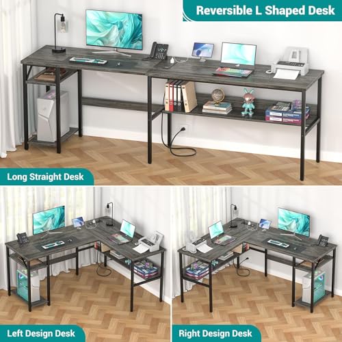 Reversible L Shaped Gaming Desk with Power Outlets and USB Charging Ports, Sturdy Computer Desk with Storage Shelf, Modern Corner Desk Home Office Table, Easy to Assemble, Gray Oak