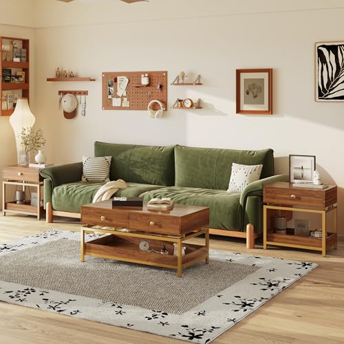Night Stand Farmhouse Nightstand with Gold Metal Frame, Bedside Table with Drawer and Open Shelf, Sofa Side Table End Table for Bedroom, Living Room,Dark Walnut, 1 Pack - color: Dark Brown 22"