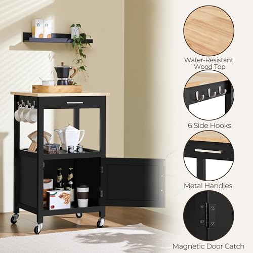 Yaheetech Kitchen Island Cart with Storage, Rolling Kitchen Island on Wheels with 6 Side Hooks, Wood Top Microwave Cart with Drawer for Dining Room, Black - color: Black