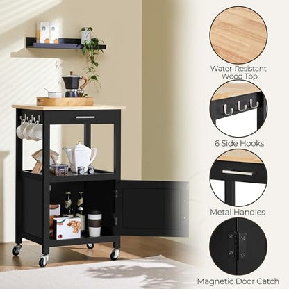 Yaheetech Kitchen Island Cart with Storage, Rolling Kitchen Island on Wheels with 6 Side Hooks, Wood Top Microwave Cart with Drawer for Dining Room, Black - color: Black