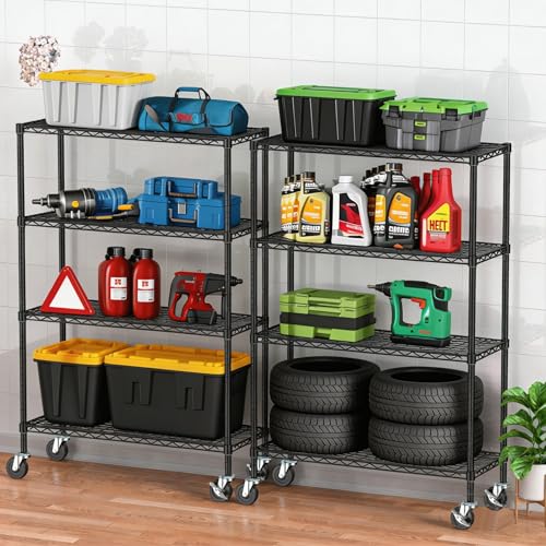 4 Tier Wire Metal Shelving Rack Garage Storage Rolling Shelves with Wheels | Heavy Duty Adjustable Industrial Shelving Steel Wire Organizer Rack for Kitchen Garage Pantry Office Bathroom - size: 4-Tier Metal Shelf（36L x 14W x 57H）