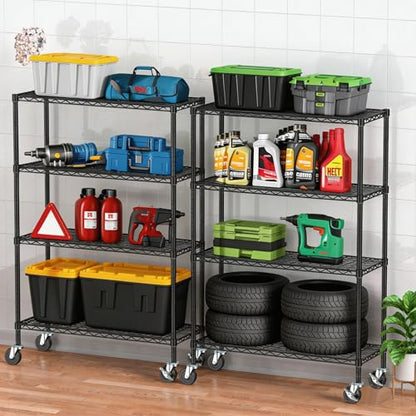 4 Tier Wire Metal Shelving Rack Garage Storage Rolling Shelves with Wheels | Heavy Duty Adjustable Industrial Shelving Steel Wire Organizer Rack for Kitchen Garage Pantry Office Bathroom - size: 4-Tier Metal Shelf（36L x 14W x 57H）