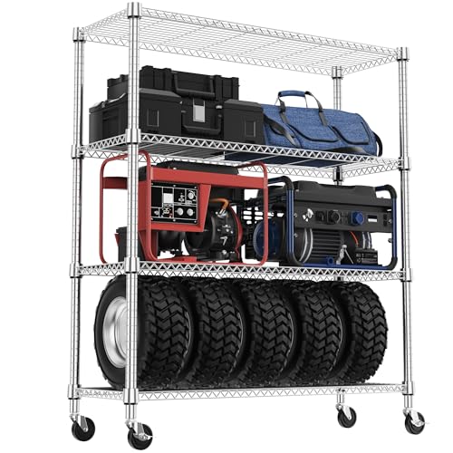 M MZG 1400LBS 47.2" W 4 Tiers Storage Shelves Metal Shelving Unit with Wheels Heavy Duty Garage Shelving Adjustable Wire Shelves for Pantry,Kitchen,Garage,Basement,Chrome 17.7" D x 47.2" W x 62.6" H - color: Chrome, size: 4 Tiers, 17.7"D x 47.2"W x 62.6"H