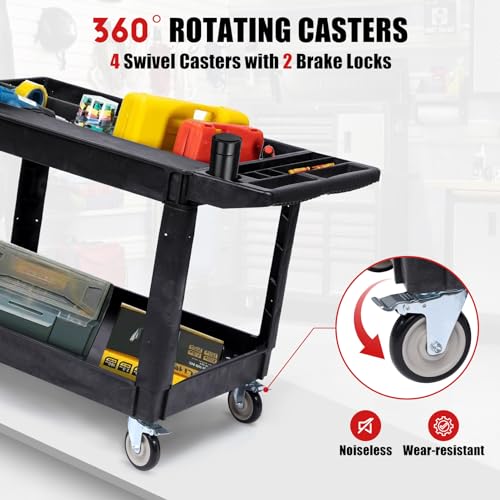Heavy Duty Rolling Utility Cart, 2 Tier Service Cart with Wheels, Ergonomic Storage Handle, 550 LBS Capacity, Plastic Tool Cart Detailing Cart for Warehouse, Garage, Workshop,Kitchen, 40.5x17.7 in