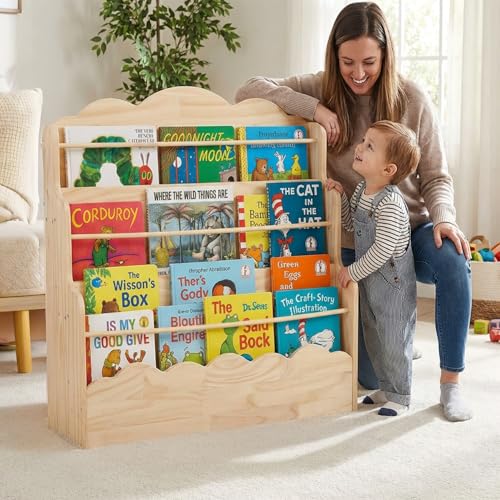 Amdermi 3-Tier Scalloped Montessori Bookshelf for Kids, Solid Wood Front-Facing Toddler Bookcase, Low Children’s Book Display Shelf for Nursery, Playroom, Classroom, Natura