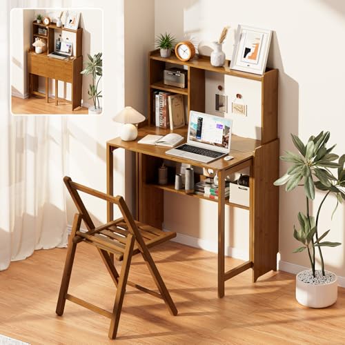 Bamboo Folding Desk with Bookshelf, Compact Computer Desk with Hutch for Small Spaces, Foldable Desk with Storage Shelf, Space-Saving Home Office Desk for Bedroom, Dorm, Apartment,Brown - color: Brown, size: 31.1"W × 21.46"D × 47.92"H
