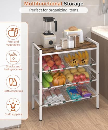 4-Tier Fruit and Vegetable Storage Rack with Wood Top & 6 Removable Baskets, Small Kitchen Island, Pantry Floor Organizer Stand Shelves for Onion Potato Snack Storage, White - style: 6 Baskets-White