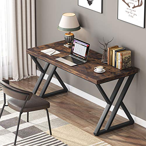 LITTLE TREE 55 Inch Large Simple Industrial Computer Desk Study Writing Table Home Office Workstation,Rustic Brown - color: Brown+black