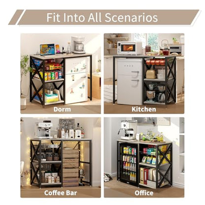 METYERRY Kitchen Bakers Rack with Power Outlet,Mini Fridge Cabinet with Mesh Basket, Mini Fridge and Microwave Table with Storage for Office,Kitchen,Living Room,Coffee Bar,Patio,Greige - color: Greige