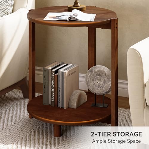 Solid Wood Side Table Set of 2, Small Round End Table with 2-Tier Storage, 19-Inch Wooden Circle Retro Nightstand, Accent Furniture for Small Spaces, Bedroom, Living Room, Brown