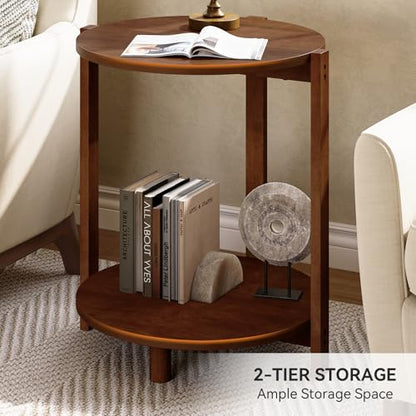 Solid Wood Side Table Set of 2, Small Round End Table with 2-Tier Storage, 19-Inch Wooden Circle Retro Nightstand, Accent Furniture for Small Spaces, Bedroom, Living Room, Brown