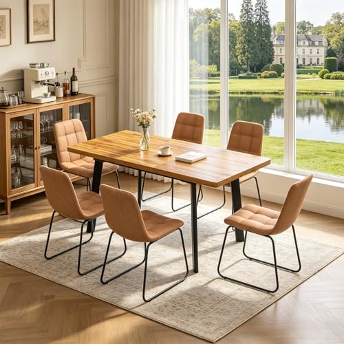 Extendable Dining Table Set for 4 to 8 People, 47.2" to 63" Modern Kitchen Table Set with 6 Chairs, MDF Dining Room Table and Chairs with Removable Extension Leaf (Walnut Table+U-Shaped Brown Chairs) - color: 47.2'' - 63'' Walnut Table+6 U Brown Chairs