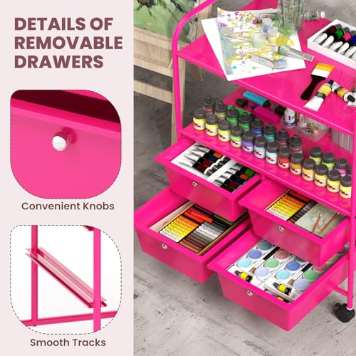 GOFLAME 4-Drawer Rolling Storage Cart with 2 Shelves, Mobile Utility Cart with Removable Drawers and Metal Frame, Art Craft Drawer Cart with Lockable Wheels for Home, Office, School, Studio, Hot Pink - color: Hot Pink