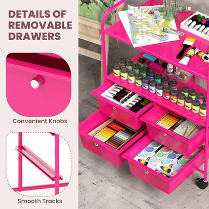 GOFLAME 4-Drawer Rolling Storage Cart with 2 Shelves, Mobile Utility Cart with Removable Drawers and Metal Frame, Art Craft Drawer Cart with Lockable Wheels for Home, Office, School, Studio, Hot Pink - color: Hot Pink