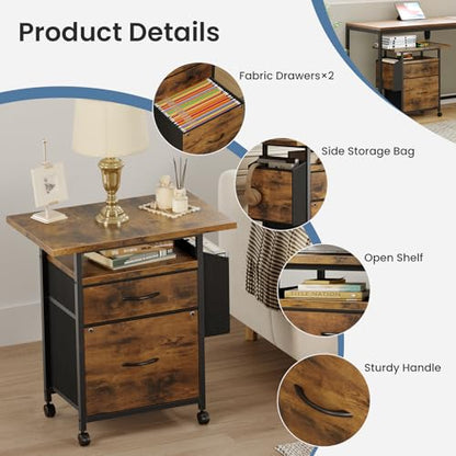 DUMOS 2 Drawer Mobile File Cabinet, Printer Stand with 24'' Wide Desktop | Fabric Drawer Cabinet Under Desk with Storage Side Bag,Rolling Printer Cart Not for Hanging Files for Home Office, Brown - color: Modern Brown