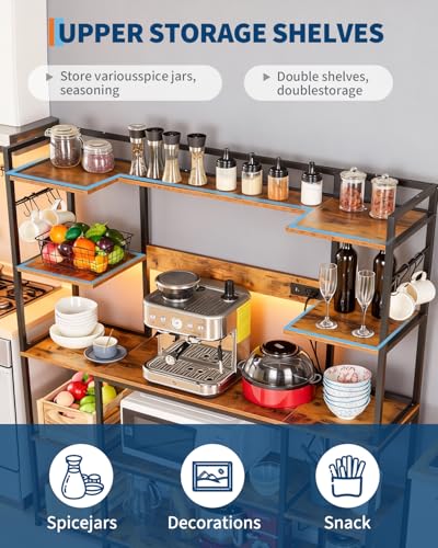 Garvee Kitchen Bakers Rack with Power Outlet 55 * 66inch, Microwave Oven Stand with Storage 4 Tiers, Coffee Bar Table with 6 S Hooks, Kitchen Storage Shelf Rack for Spices, Pots, Rustic Brown - size: 55*66