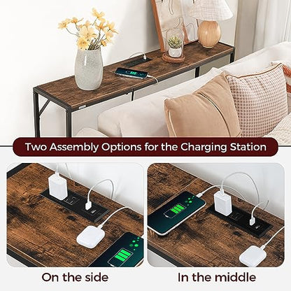 MAHANCRIS Console Table, Narrow Sofa Table, 43.7” Entrance Table with Power Station, Behind Couch Table, Simple Style, for Living Room, Hallway, Entryway, Foyer, Rustic Brown and Black CTHR112E01 - color: Rustic Brown, Black